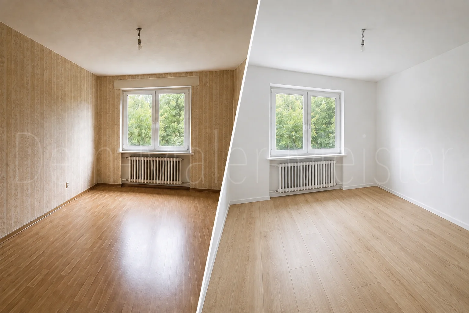 Vorher-Nachher-Vergleich eines renovierten Wohnraums mit hellen Wänden